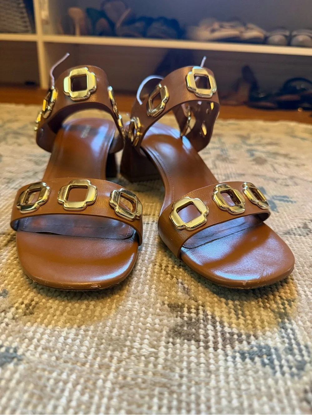 Larroude Brown Leather Strappy Block Heel Sandals with Gold Buckles